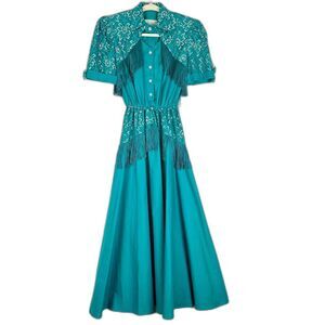 Lilia Smitty 80s Vintage Western Maxi Dress Size 3/4 Small Fringe Rodeo Lace